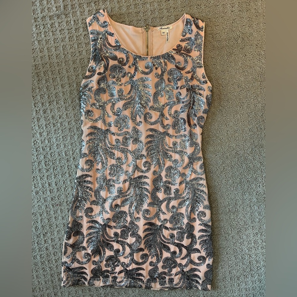 Sleeveless Cream Mini Dress with Silver Sequin Embellishment Size Medium